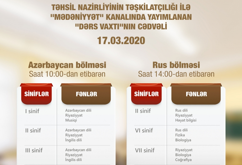Təhsil Nazirliyi: “Dərs vaxtı” verilişinin martın 17-si üçün nəzərdə tutulan cədvəli müəyyənləşdirilib