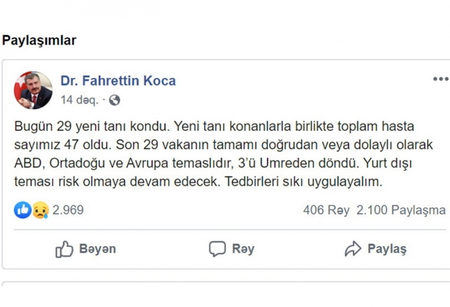 Türkiyədə koronavirusa yoluxanların sayı 47 nəfərə çatıb