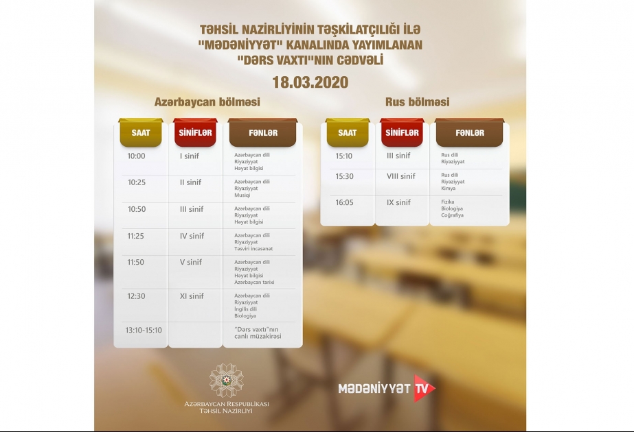 Təhsil Nazirliyi: “Dərs vaxtı” verilişinin martın 18-i üçün nəzərdə tutulan cədvəli müəyyənləşdirilib