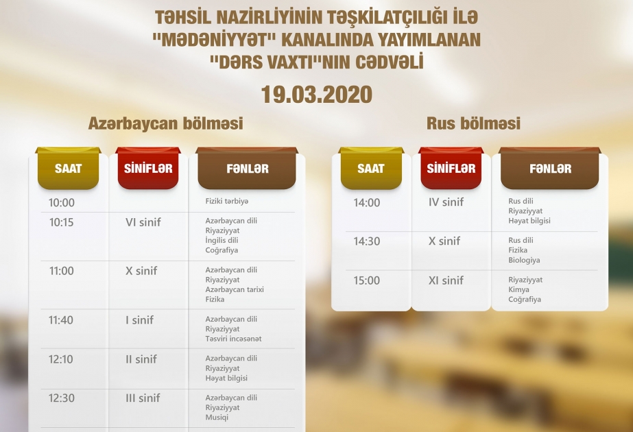 Təhsil Nazirliyi: “Dərs vaxtı” verilişinin martın 19-u üçün cədvəli müəyyənləşdirilib