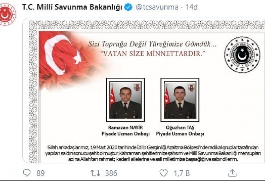 Türkiyə ordusu Suriya ərazisində iki şəhid verib