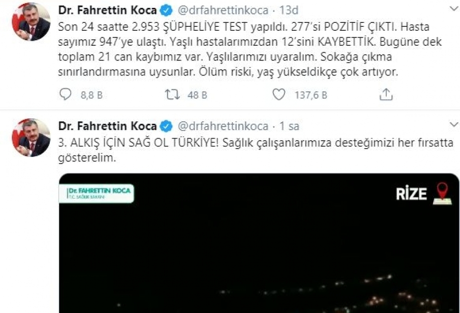 Türkiyədə koronavirusdan ölənlərin sayı 21 nəfərə çatıb