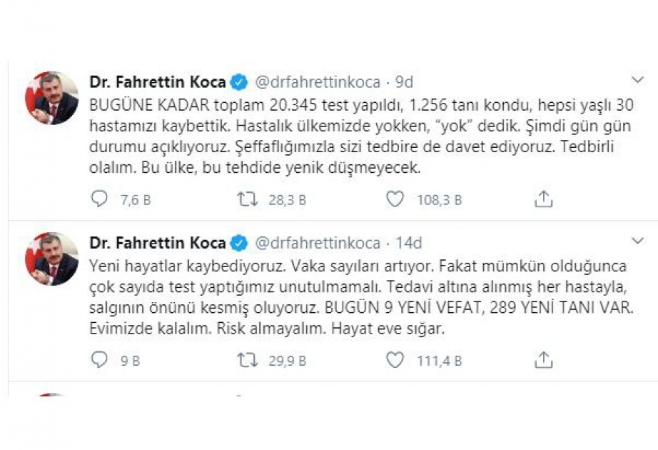 Türkiyədə bir gündə 9 nəfər koronavirusdan dünyasını dəyişib