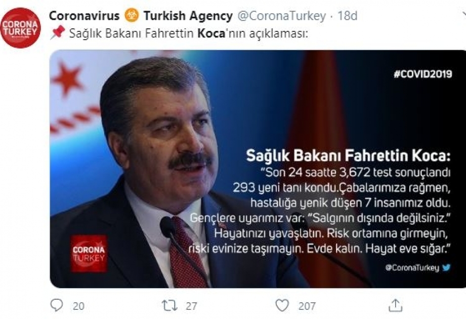 Türkiyədə koronavirusdan ölənlərin sayı 37 nəfərə çatıb