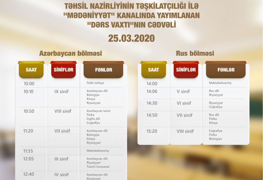 "Dərs vaxtı” verilişinin martın 25-i üçün cədvəli müəyyənləşdirilib