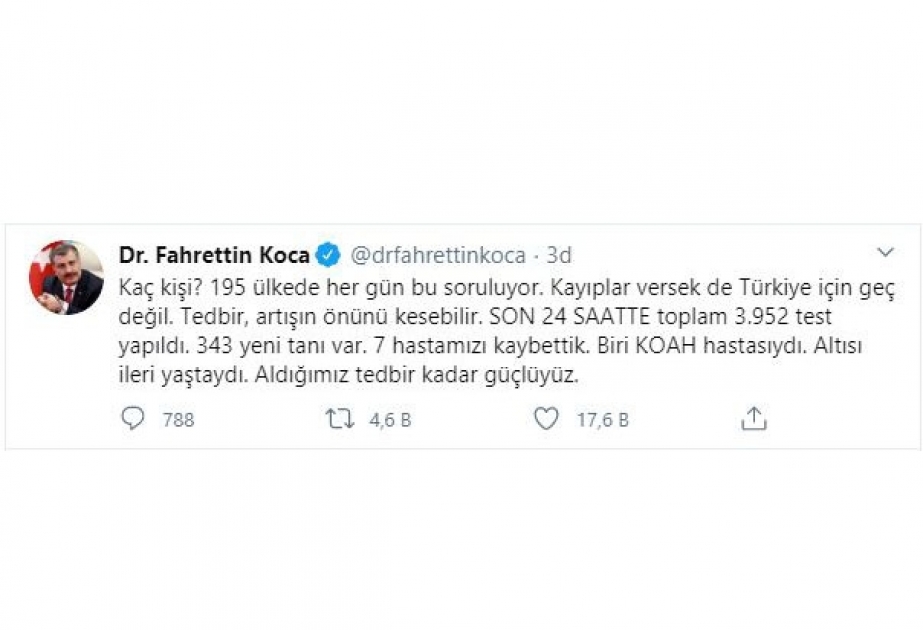 Türkiyədə 1872 nəfər infeksiyadan müalicə olunur, 44 nəfər vəfat edib