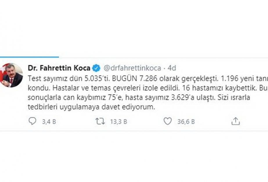 Türkiyədə koronavirusdan ölənlərin sayı 75 nəfərə çatıb