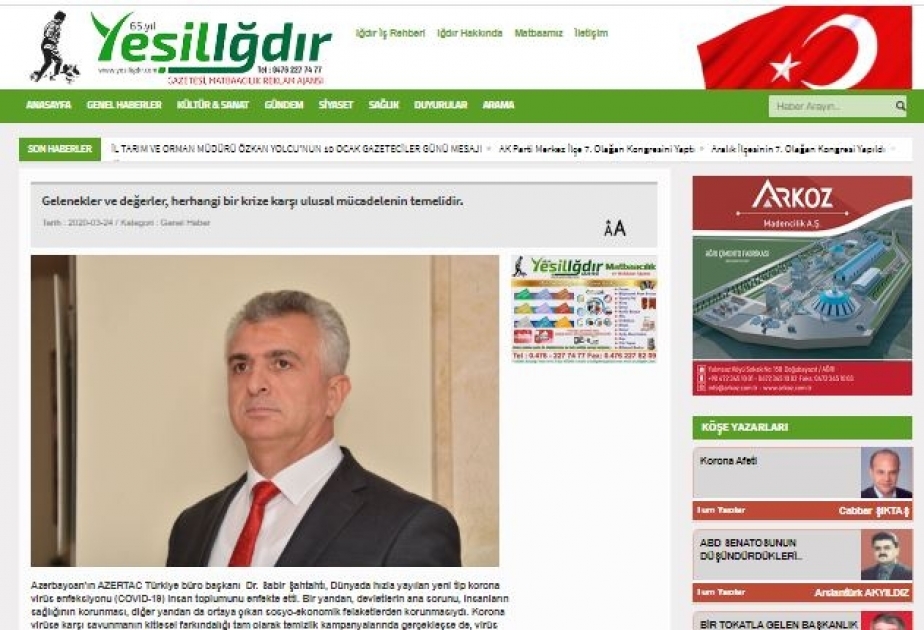 Türkiyə mediası AZƏRTAC-ın müxbirinin Azərbaycanda koronavirusla mübarizə mövzusunda məqaləsini yayıb