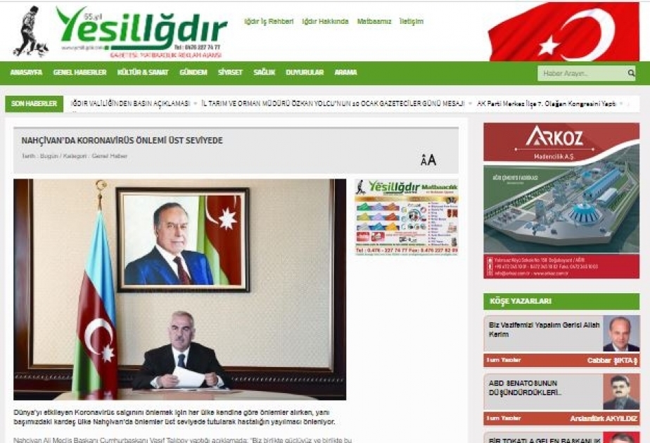 Türkiyə qəzetləri Naxçıvanda koronavirusa qarşı aparılan sistemli mübarizədən yazır