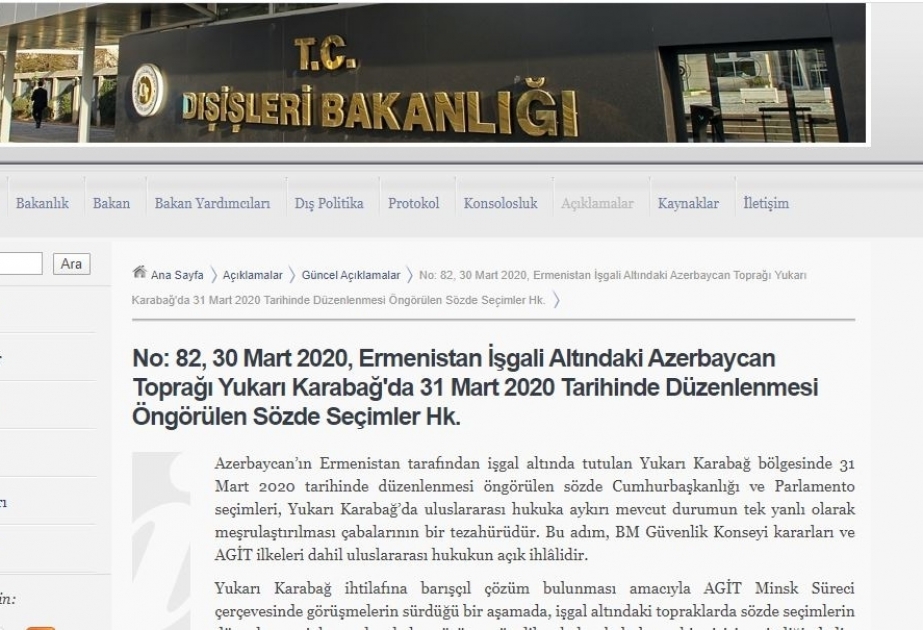 Le ministère turc des Affaires Etrangères publie une déclaration concernant les « élections » au Haut-Karabagh
