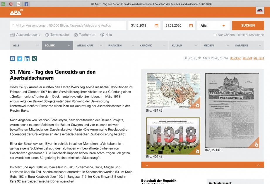 La presse autrichienne publie un article sur la Journée du génocide des Azerbaïdjanais