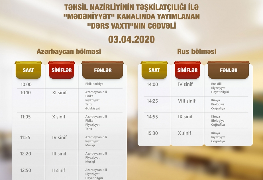 Aprelin 3-ü üçün teledərslərin cədvəli müəyyənləşdirilib