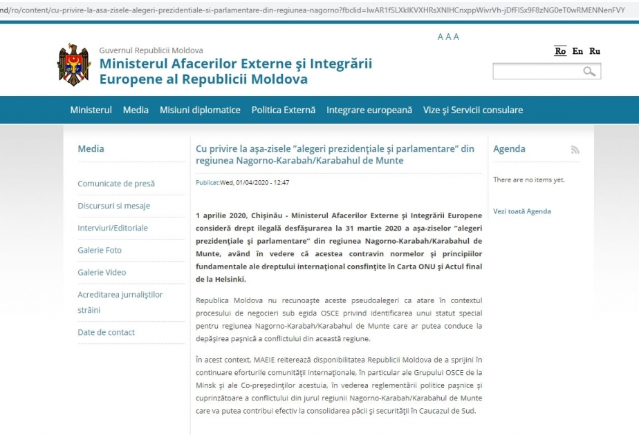 Le ministère moldave des Affaires étrangères et de l'Intégration européenne juge illégitimes les « élections » tenues au Haut-Karabagh