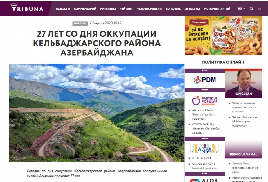 Moldova portalında Azərbaycanın Kəlbəcər rayonunun Ermənistan tərəfindən işğalından bəhs edən məqalə dərc olunub