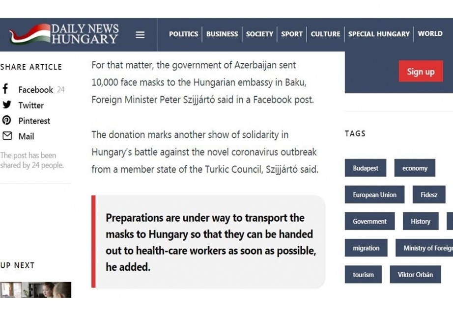 En la edición húngara había una nota sobre la ayuda de Azerbaiyán a Hungría
