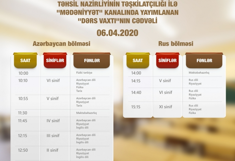 Aprelin 6-sı üçün teledərslərin cədvəli müəyyənləşdirilib