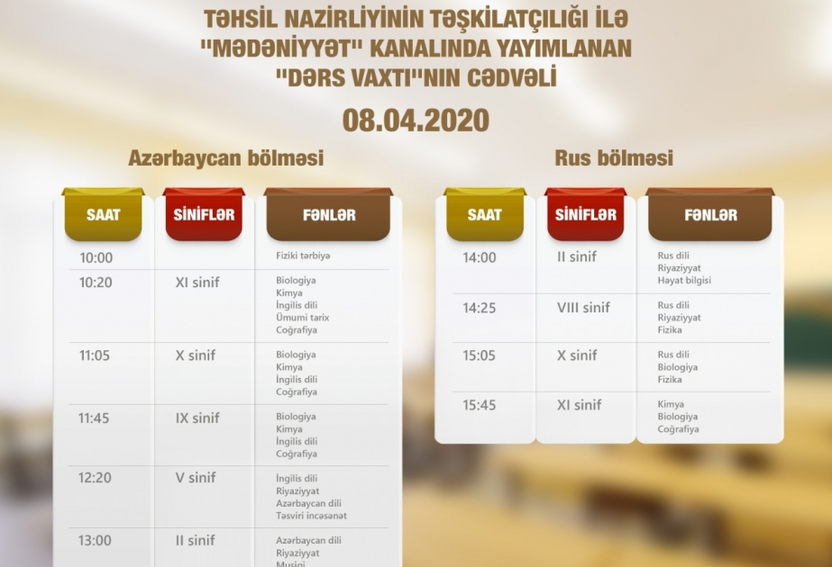 Aprelin 8-i üçün teledərslərin cədvəli müəyyənləşdirilib