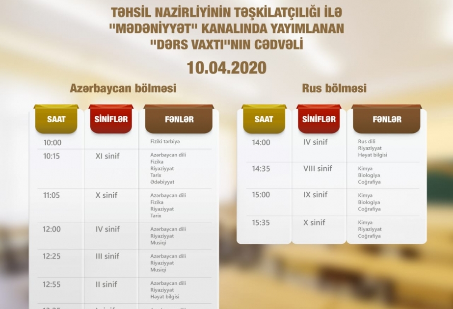Aprelin 10-u üçün teledərslərin cədvəli müəyyənləşdirilib