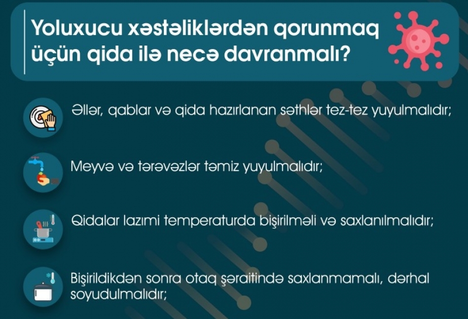 Yoluxucu xəstəliklərdən qorunmaq üçün əllər, qablar və qida hazırlanan səthlərin tez-tez yuyulması tövsiyə olunur