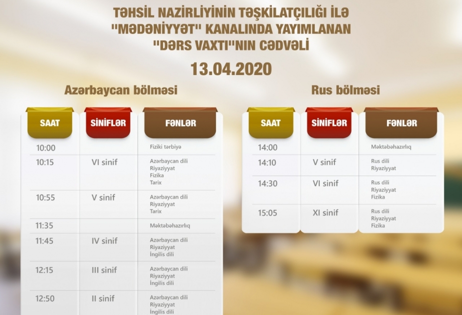 Təhsil Nazirliyi: Teledərslərin cədvəli müəyyənləşdirilib