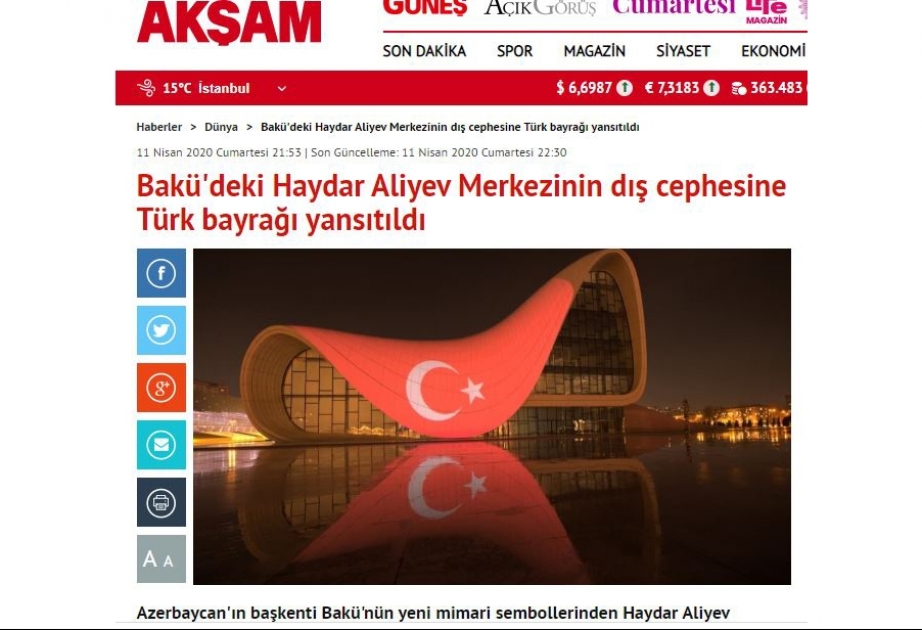 Heydər Əliyev Mərkəzinin binası üzərinə Türkiyə bayrağının videoproyeksiya edilməsi qardaş ölkə KİV-lərinin diqqətində olub