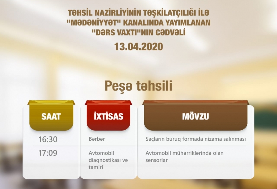 Peşə təhsili üzrə teledərslərin aprelin 13-ü üçün cədvəli müəyyənləşdirilib