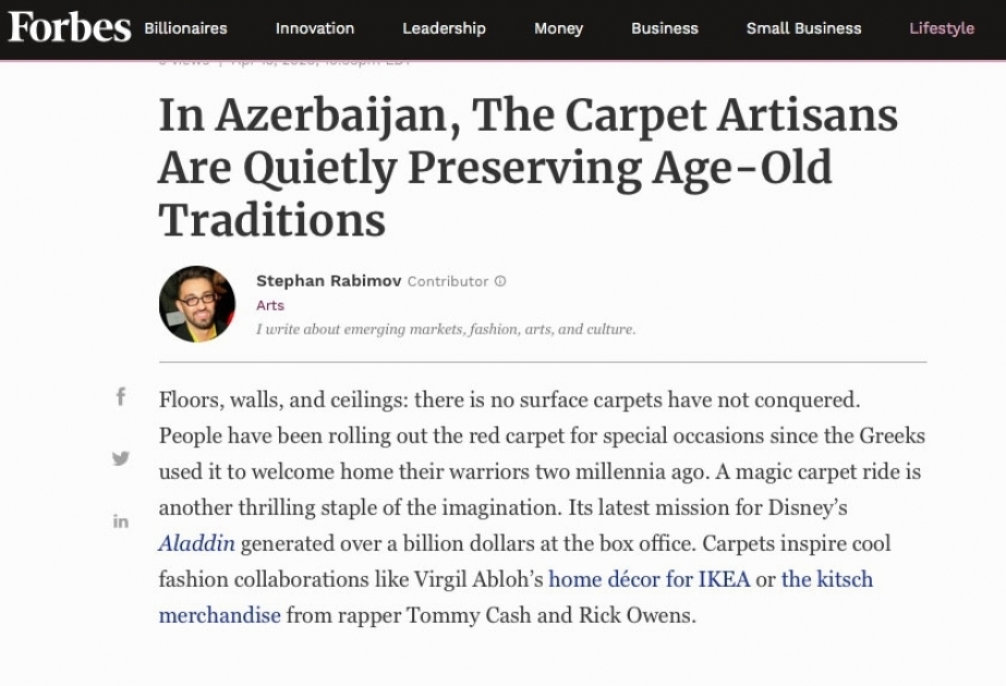 Revista Forbes ha publicado un artículo sobre las alfombras de Azerbaiyán