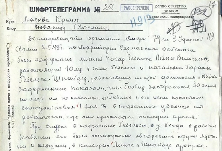 Marşal Jukovun Hitlerin intiharı barədə məxfi məktubu dərc olunub