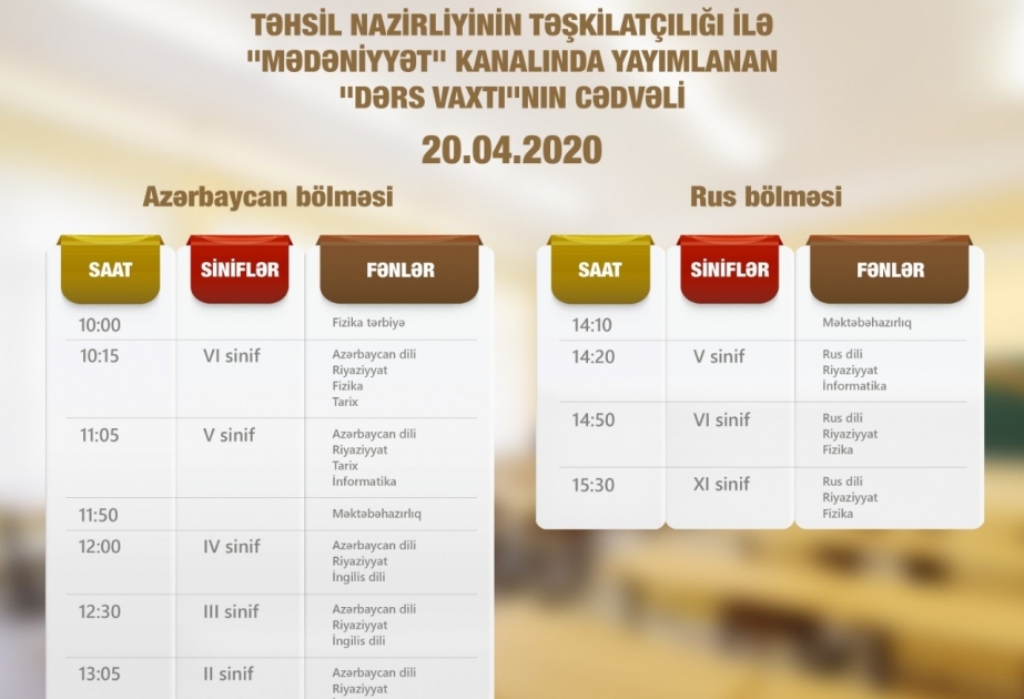 Aprelin 20-si üçün teledərslərin cədvəli müəyyənləşdirilib