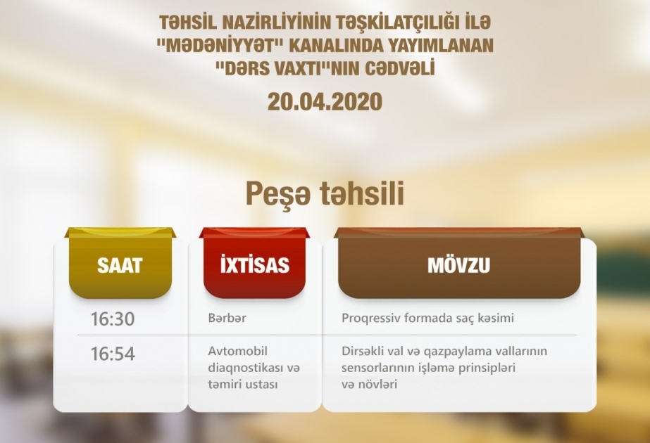 Peşə təhsili üzrə teledərslərin aprelin 20-si üçün cədvəli müəyyənləşib