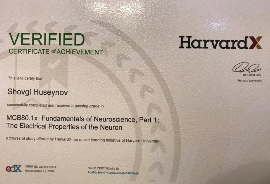 Gənc alim Harvard Universitetinin sertifikatına layiq görülüb