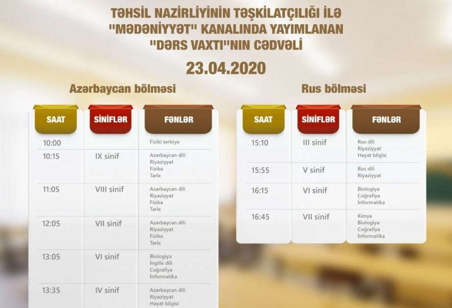 Aprelin 23-ü üçün teledərslərin cədvəli müəyyənləşdirilib
