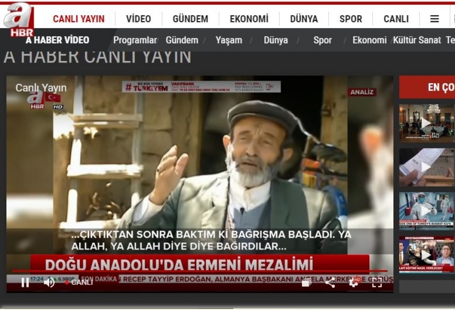 Türkiyənin “A HABER” kanalı erməni cinayətlərini ifşa edən sənədli veriliş yayımlayıb