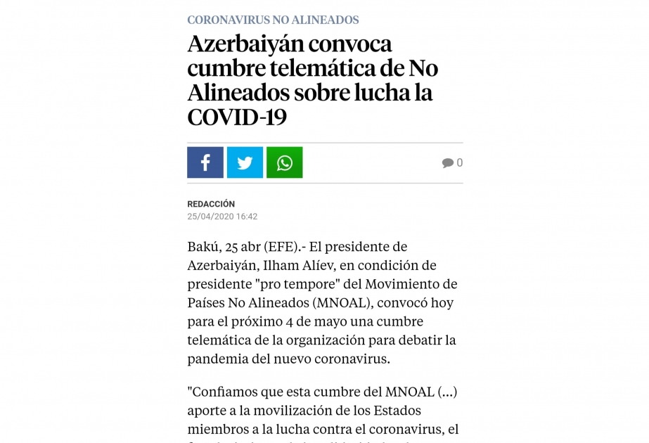 La Vanguardia: Azərbaycan Qoşulmama Hərəkatının Sammitini çağırır