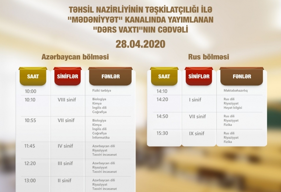Aprelin 28-i üçün teledərslərin cədvəli