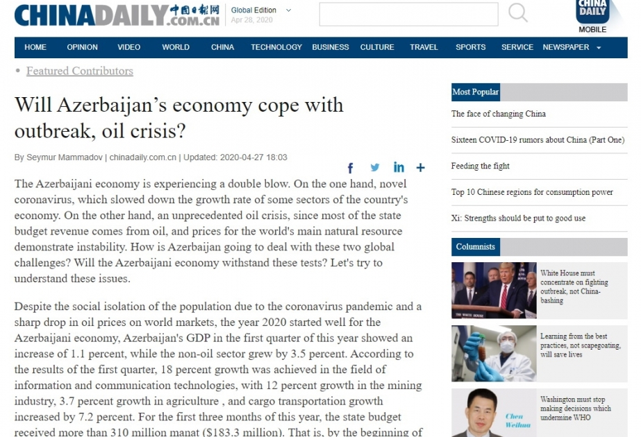 "China Daily": Azərbaycan iqtisadiyyatı koronavirus böhranının öhdəsindən minimum itkilərlə gələcək