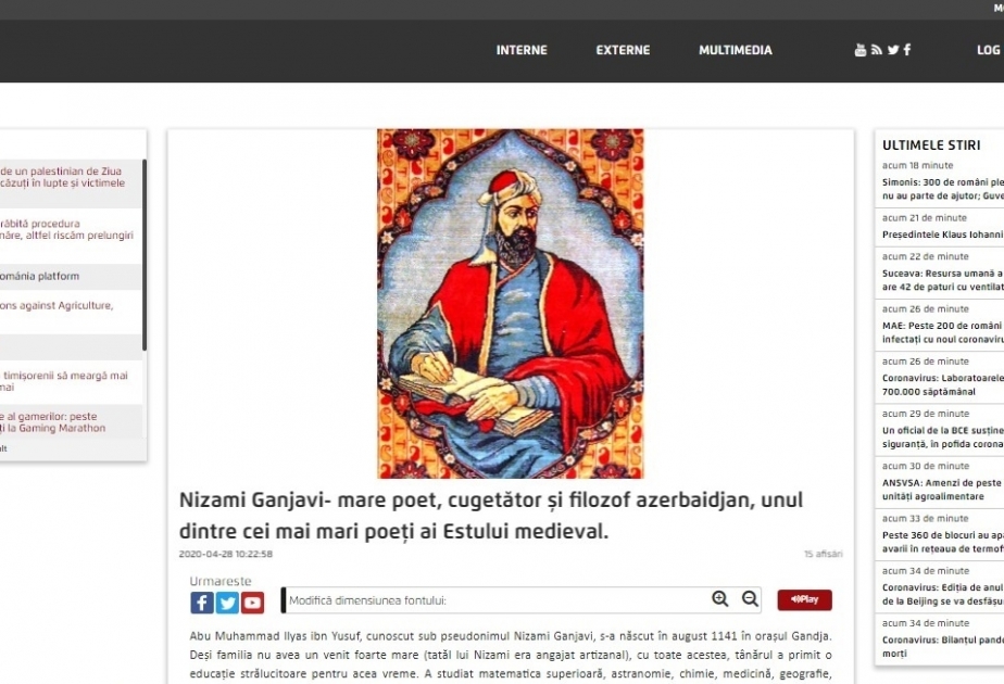 Rumıniyanın AGERPRES milli xəbər agentliyi Nizami Gəncəvi barədə məqalə yayıb