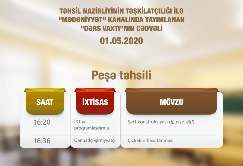 Peşə təhsili üzrə teledərslərin mayın 1-i üçün cədvəli