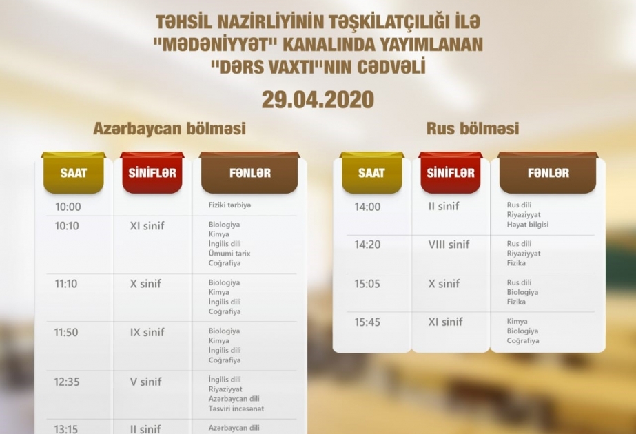 Aprelin 29-u üçün teledərslərin cədvəli müəyyənləşdirilib