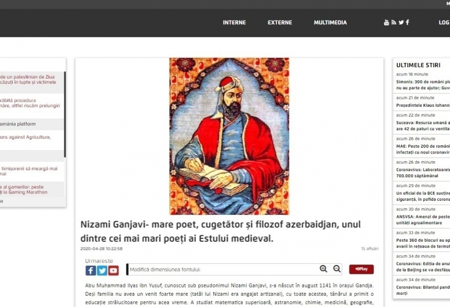 In AGERPRES Artikel über großen aserbaidschanischen Dichter Nizami Ganjavi veröffentlicht