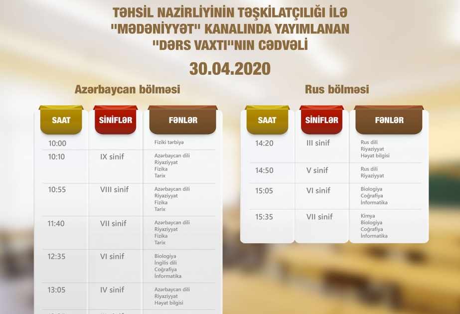 Aprelin 30-u üçün teledərslərin cədvəli