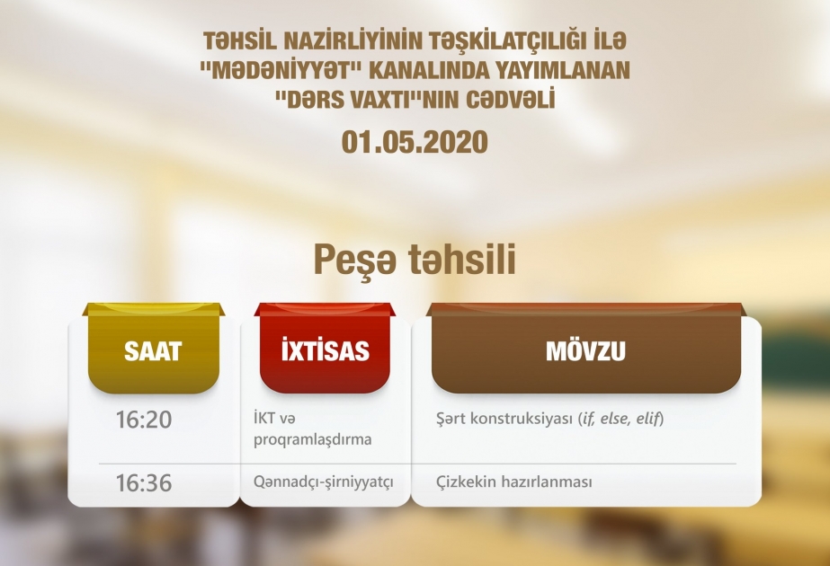 Peşə təhsili üzrə teledərslərin mayın 1-i üçün cədvəli
