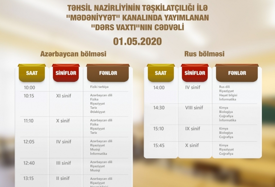 Mayın 1-i üçün teledərslərin cədvəli müəyyənləşdirilib