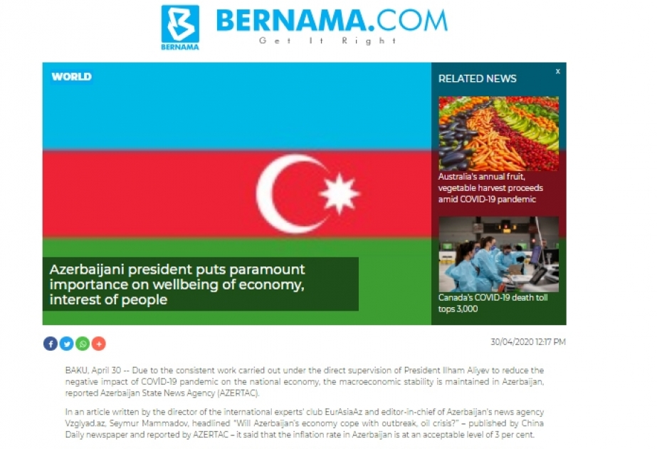 BERNAMA agentliyi: Azərbaycan Prezidenti iqtisadiyyata və insanların rifahına xüsusi əhəmiyyət verir