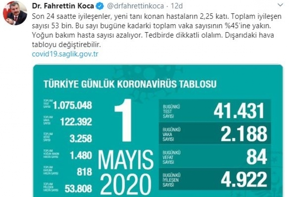 Recovered coronavirus patients near 54,000 in Turkey