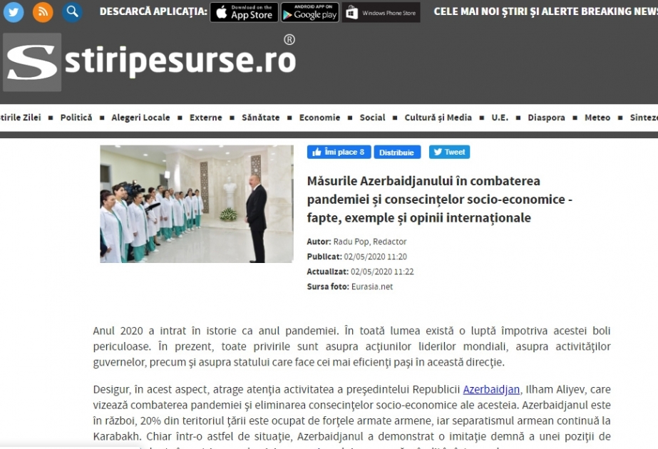 В румынском портале Stiripesurse опубликована статья о борьбе Азербайджана с пандемией коронавируса