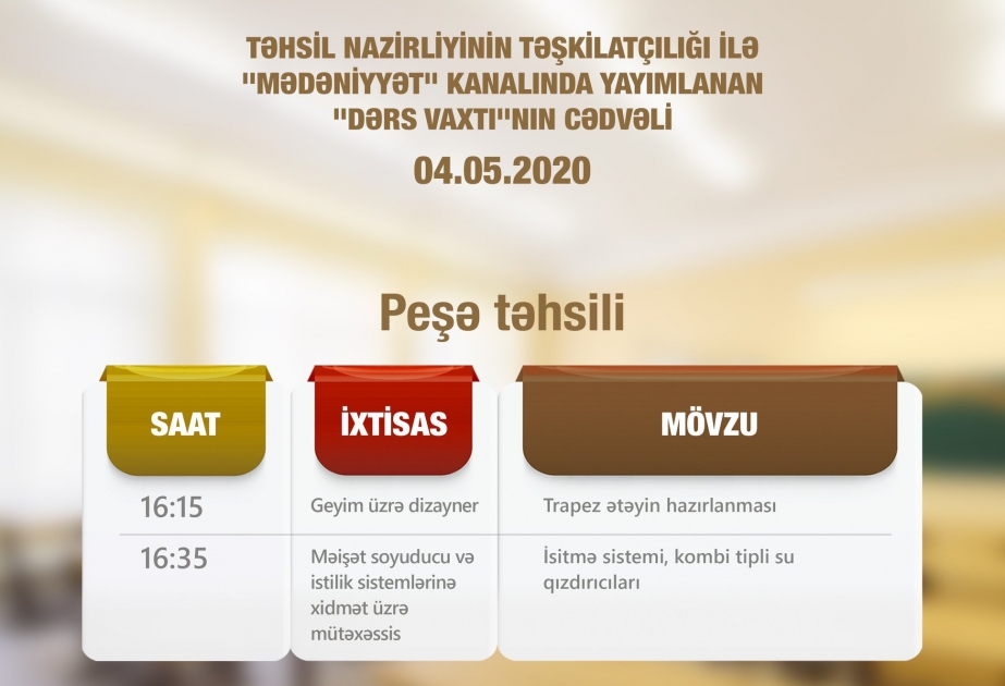 Peşə təhsili üzrə teledərslərin mayın 4-ü üçün cədvəli