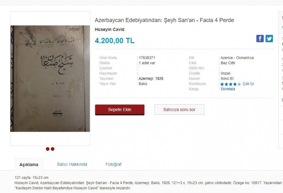 Hüseyn Cavidin “Şeyx Sənan” pyesinin orijinal nüsxəsi Türkiyədə satışa çıxarılıb