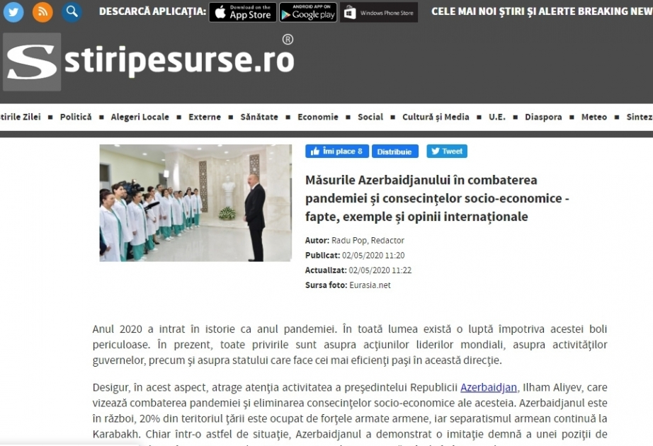 El portal rumano Stiripesurse publicó un artículo sobre la lucha de Azerbaiyán contra la pandemia de coronavirus