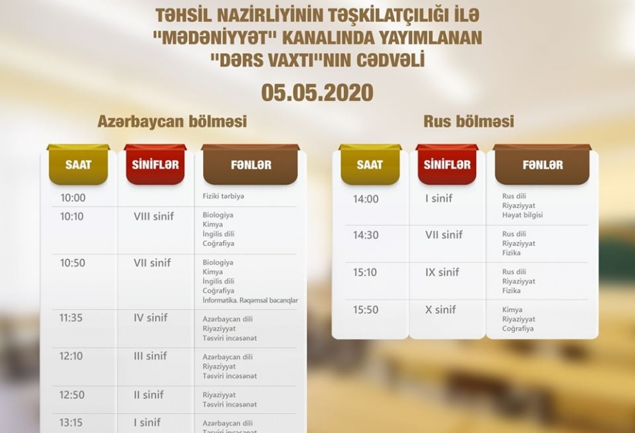 Mayın 5-i üçün teledərslərin cədvəli